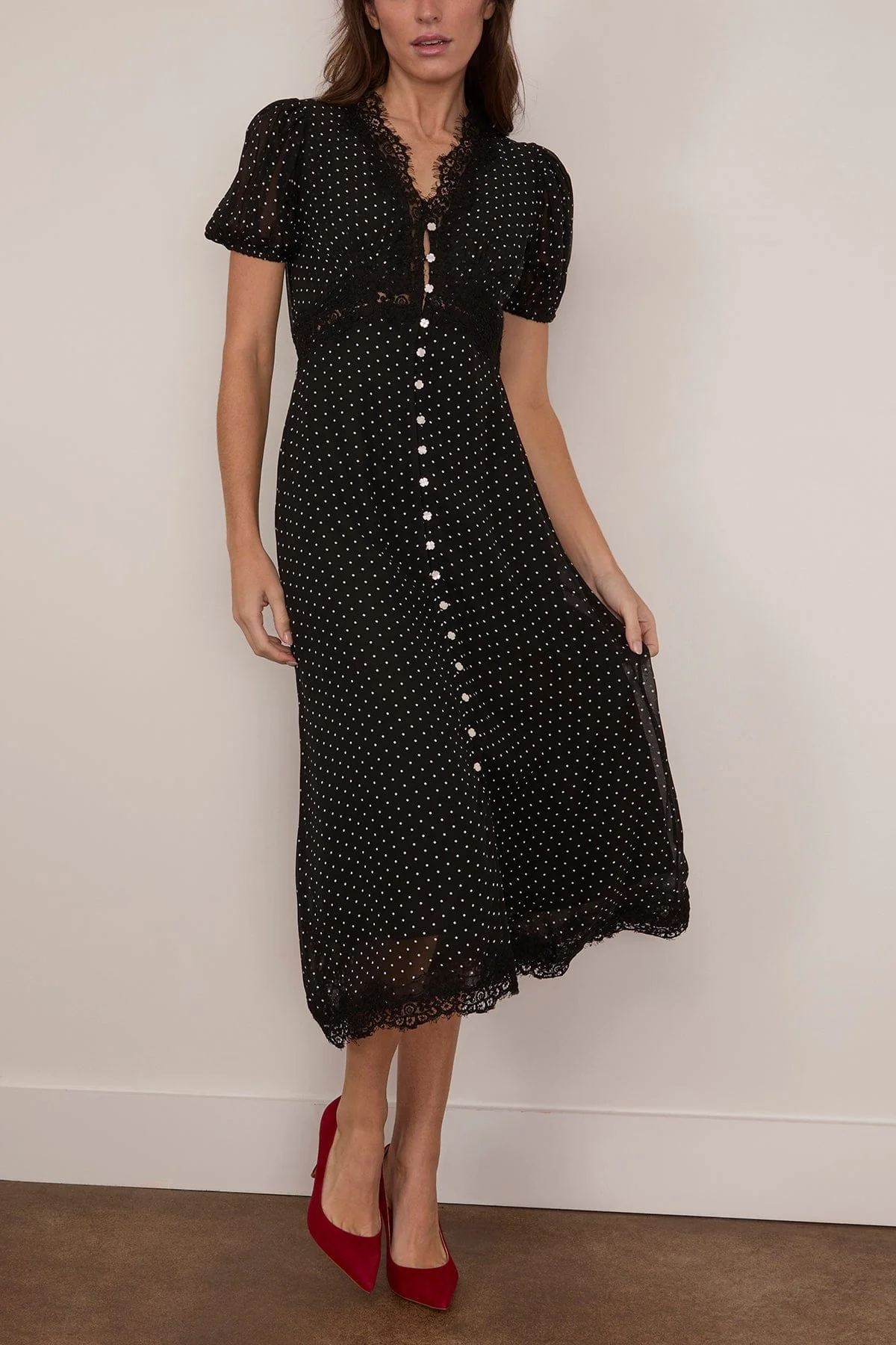 Melody Polka Dot Puff Sleeve Dress in Black - Image 3