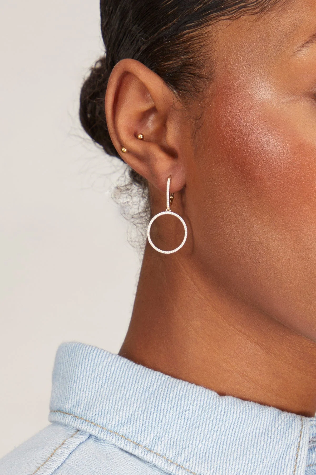 Pave Circle Earrings in 14k Yellow Gold - Image 2