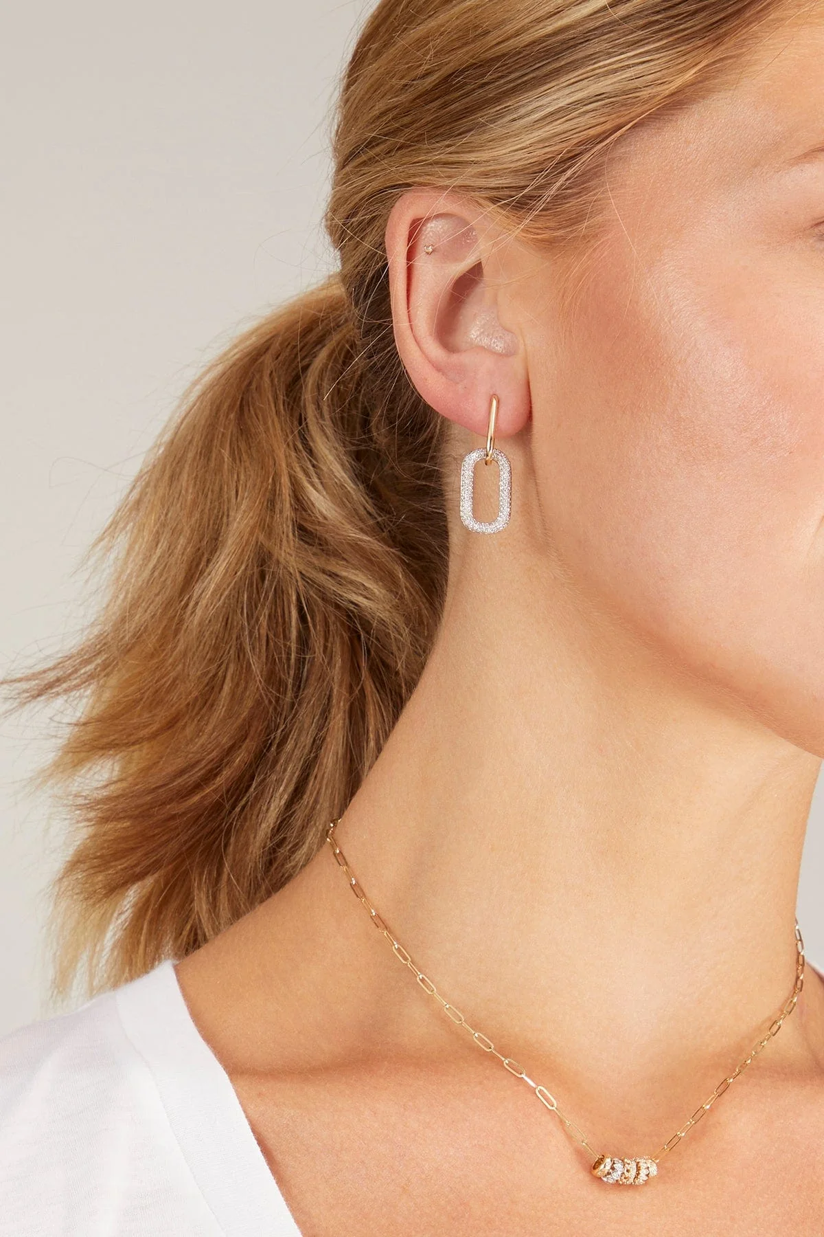 Pave Diamond Drop Link Earrings in 14k Yellow Gold - Image 2