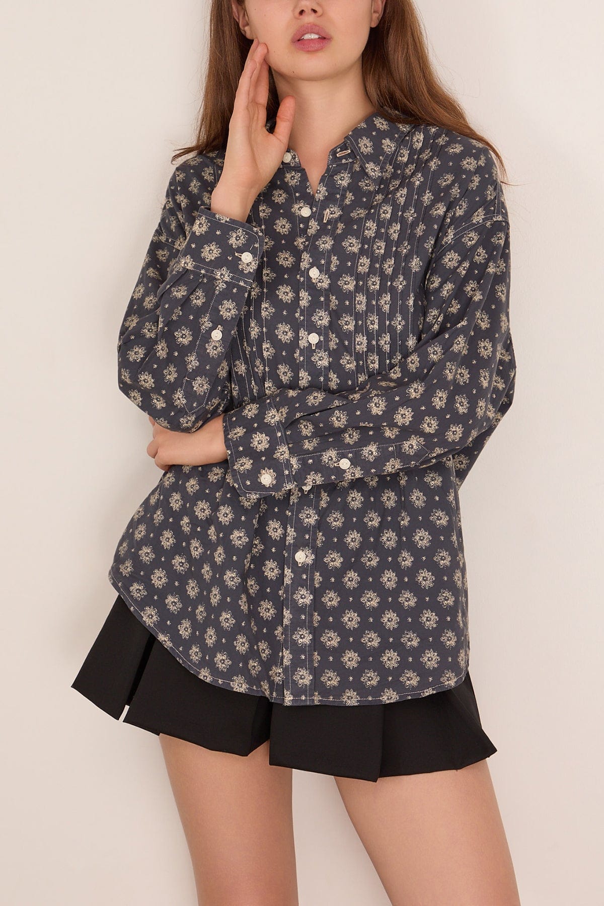 Pintuck Dropneck Shirt in Airy Indigo Blossom - Image 3