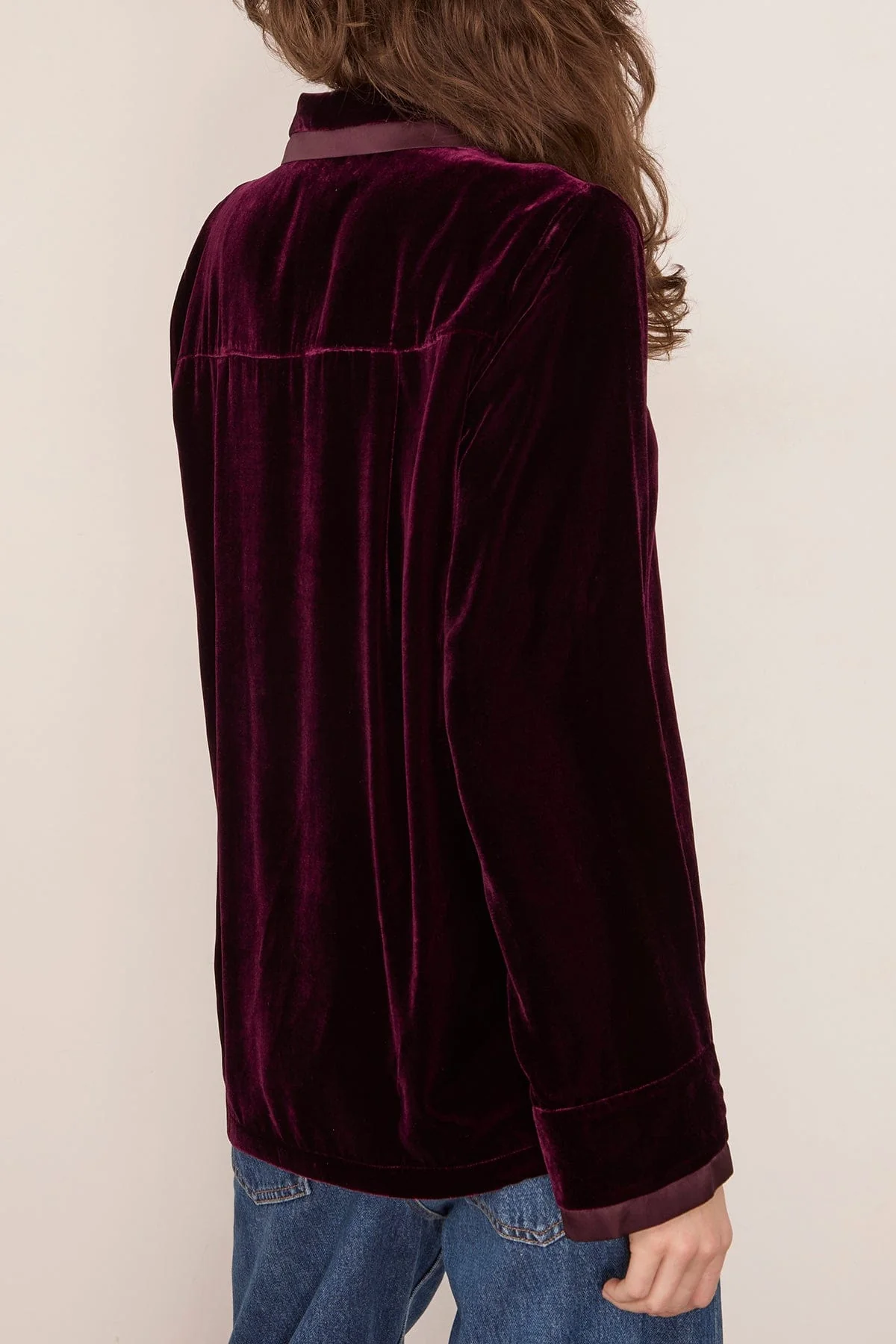 Plain Velvet Pajama Shirt in Bordeaux - Image 4