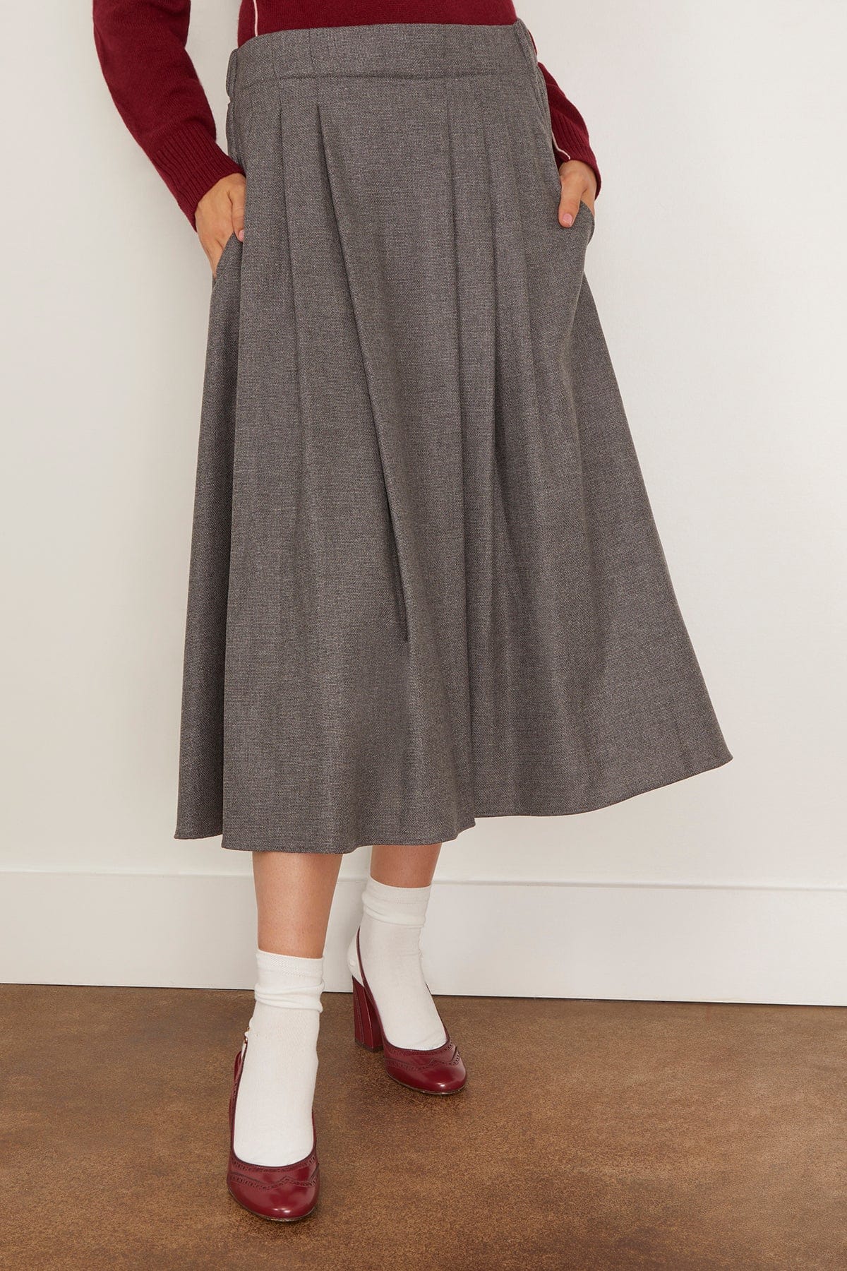 Pleat Front Full Skirt in Charcoal Tweed - Image 3