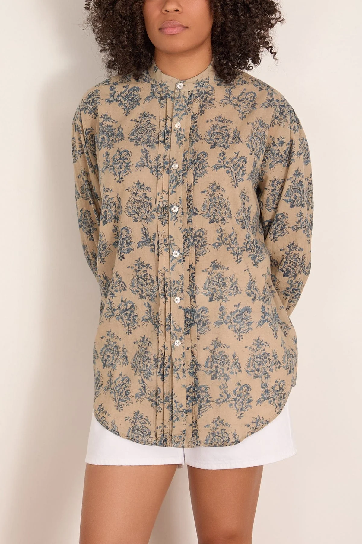 Pleated Front Shirt in Blue with White Floral - Image 3