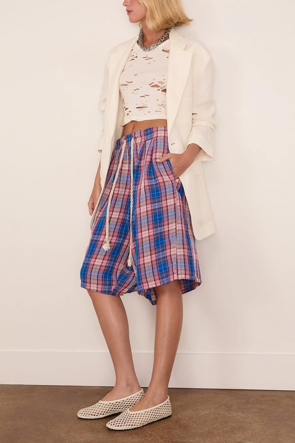 Pleated Jumbo Short with Elastic Waist in Blue/Pink Plaid - Image 2