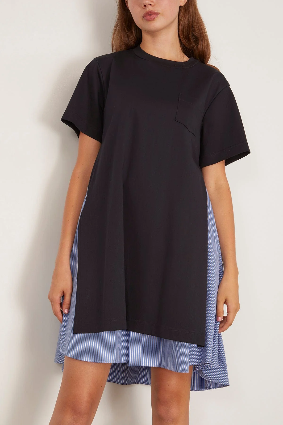 Poplin x Cotton Jersey Dress in Navy/Blue Stripe - Image 3