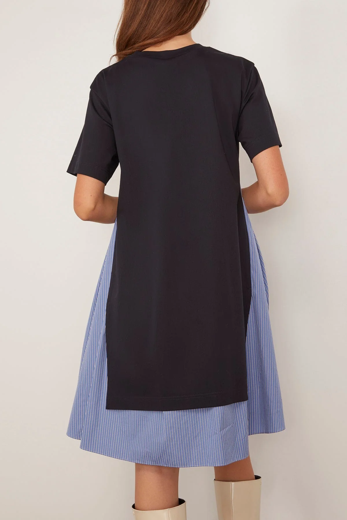 Poplin x Cotton Jersey Dress in Navy/Blue Stripe - Image 4