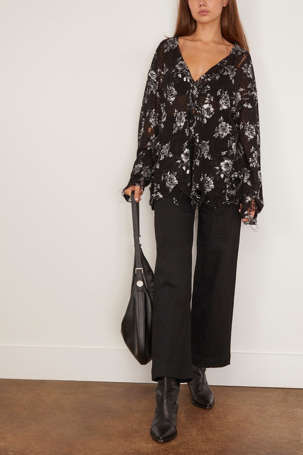 Printed Boyfriend Cardigan in Silver Floral on Black - Image 2