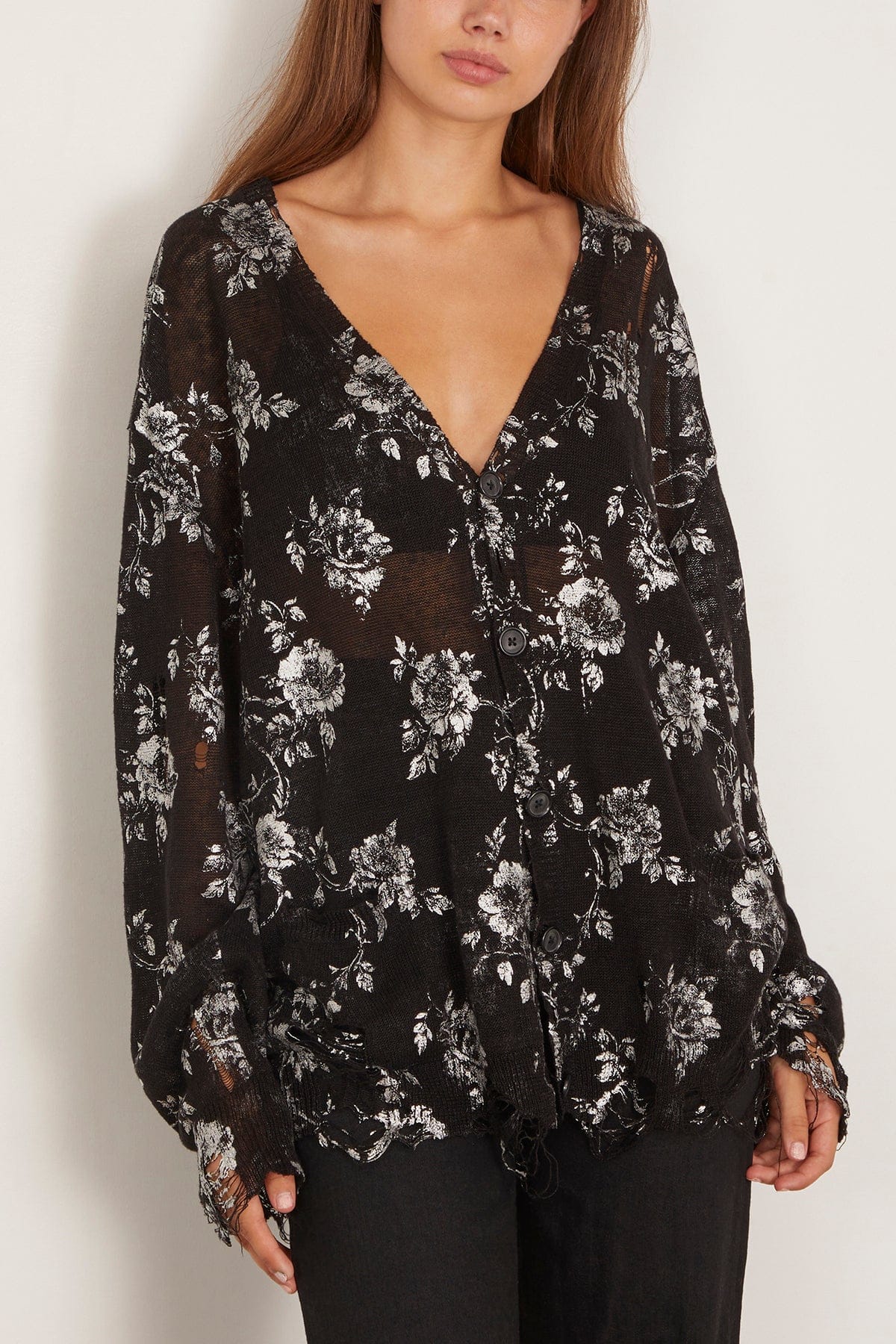 Printed Boyfriend Cardigan in Silver Floral on Black - Image 3