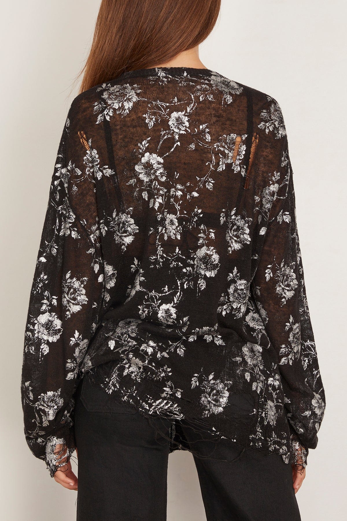 Printed Boyfriend Cardigan in Silver Floral on Black - Image 4