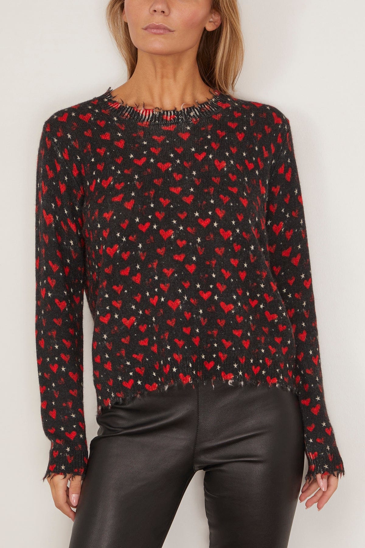 Printed Relaxed Crewneck Sweater in Red Hearts on Black - Image 3
