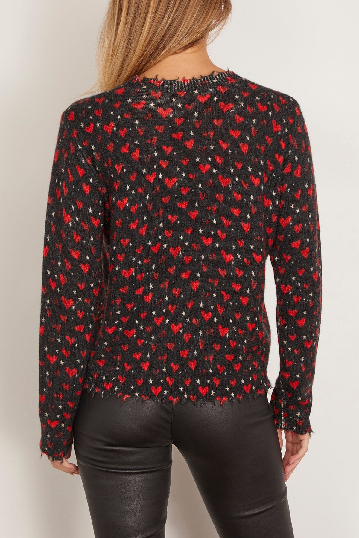 Printed Relaxed Crewneck Sweater in Red Hearts on Black - Image 4