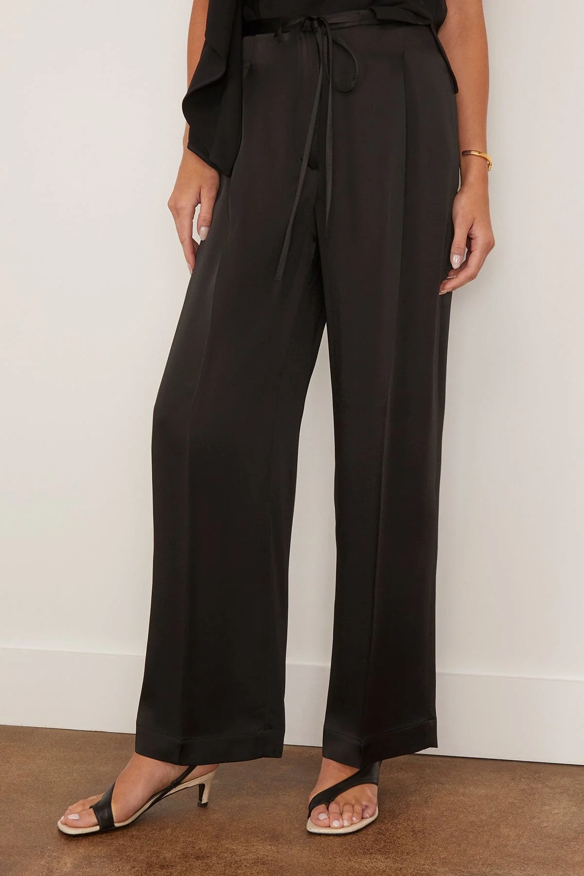 Relaxed Drawstring Satin Trousers in Black - Image 3
