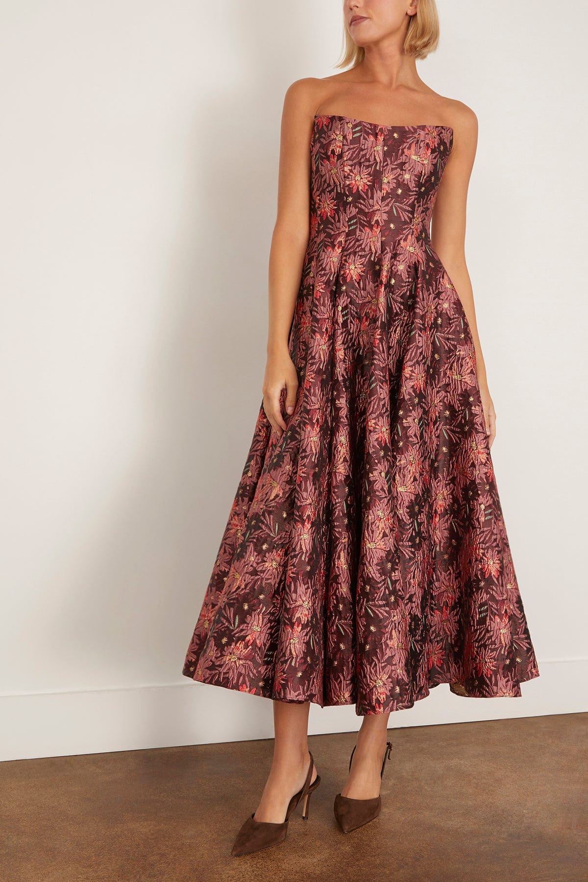 Rousseau Floral Brocade Midi Dress in Burgundy Metallic Daisy - Image 3