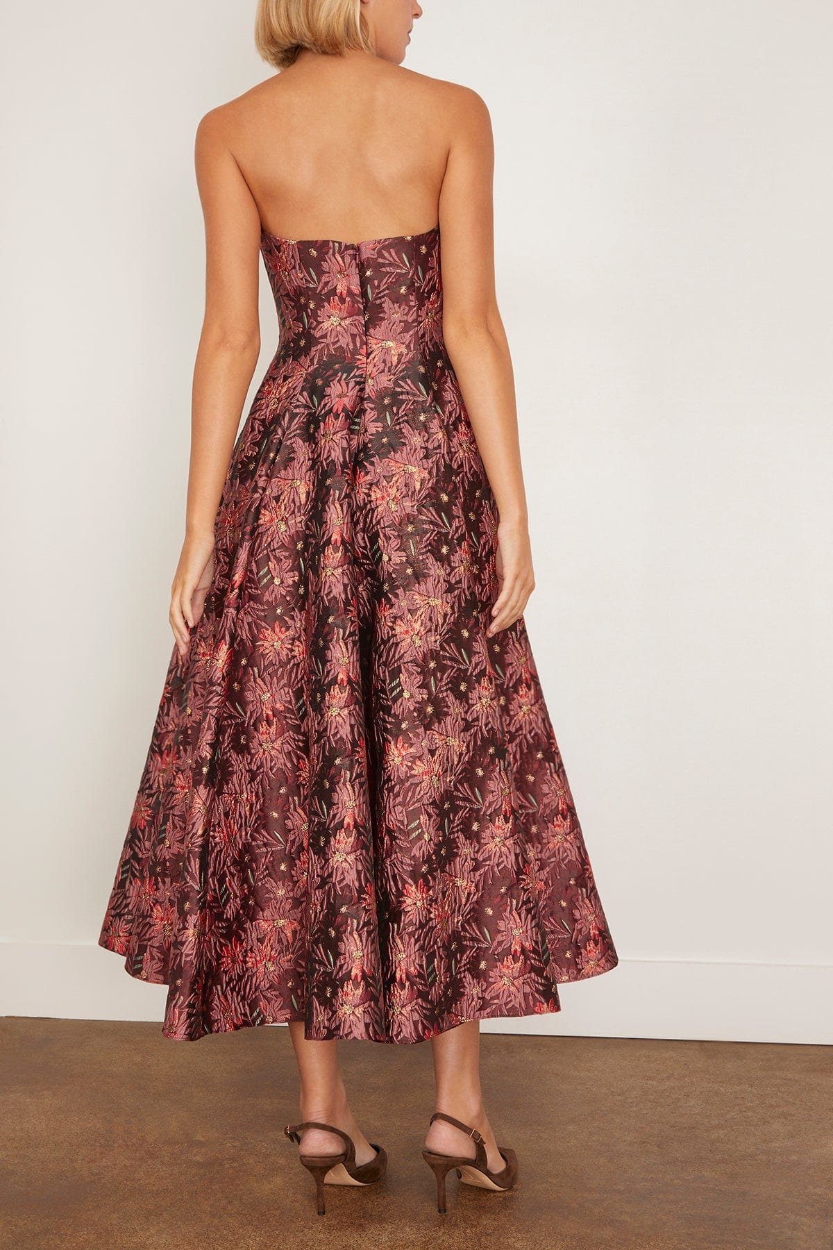 Rousseau Floral Brocade Midi Dress in Burgundy Metallic Daisy - Image 4
