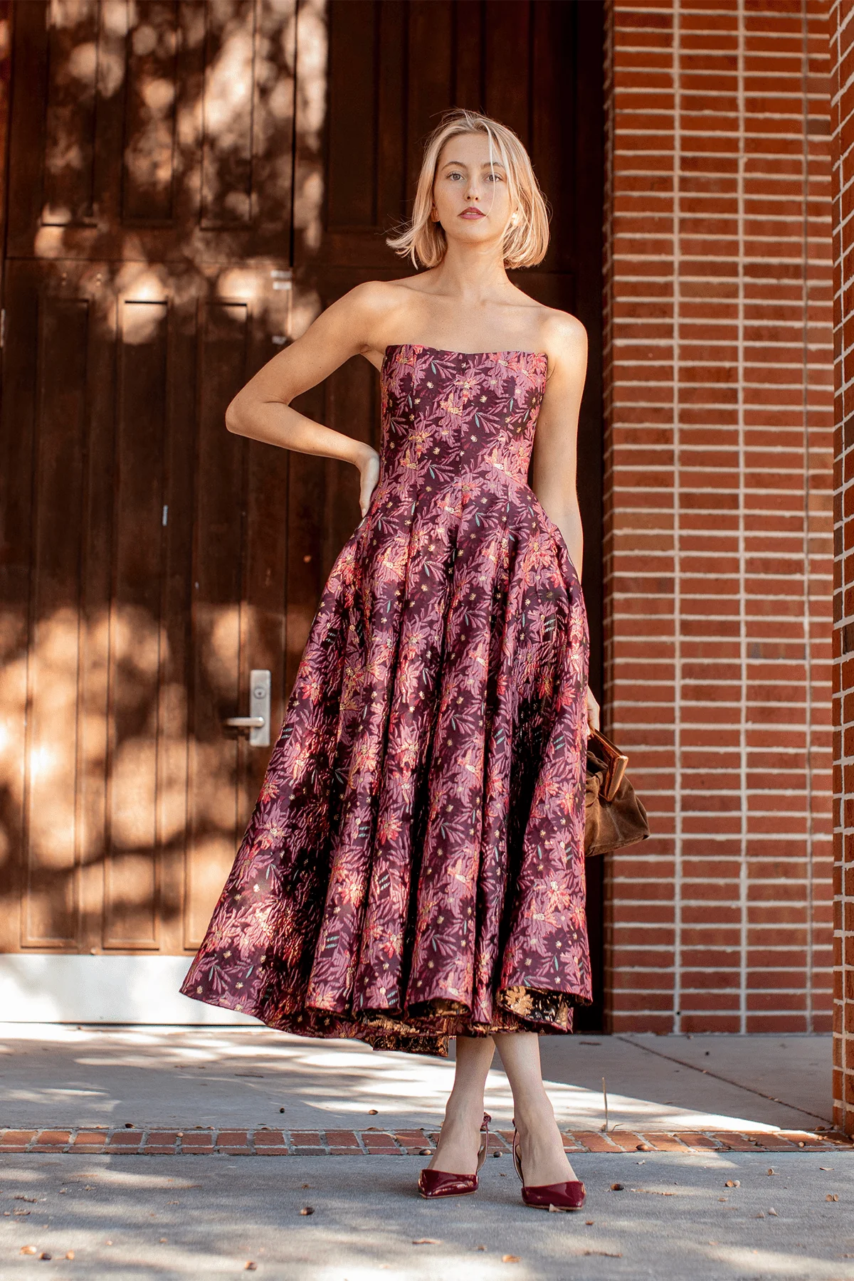 Rousseau Floral Brocade Midi Dress in Burgundy Metallic Daisy - Image 5