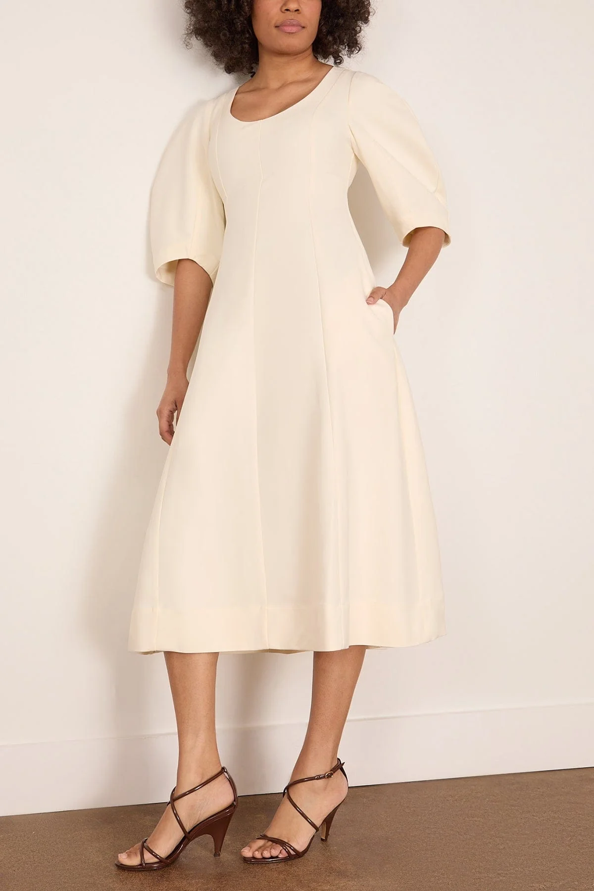 Sculptural Waisted Midi Dress in Off White - Image 3
