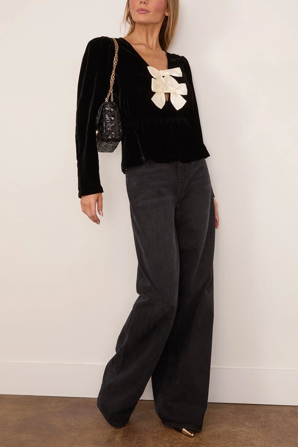 Seraphine Velvet Long Sleeve Top in Black - Image 2