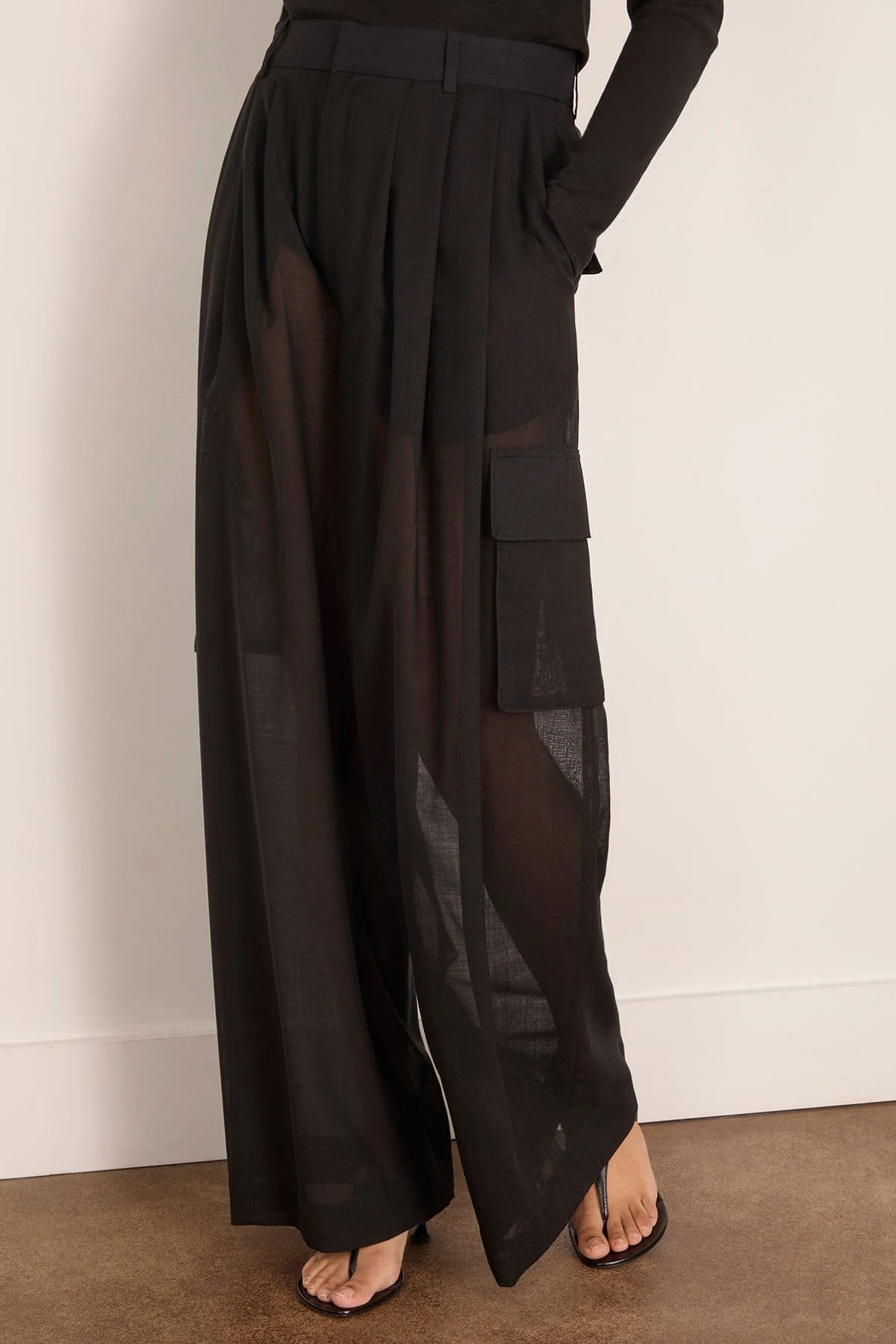Sheer Wool Gauze Triple Pleat Pant in Black - Image 3