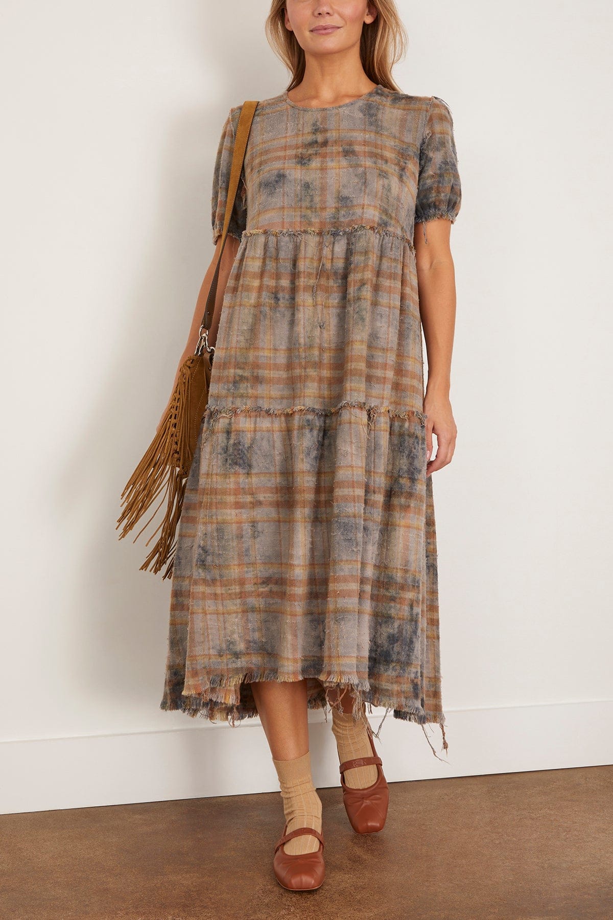 Shredded Relaxed Midi Dress in Overdyed Light Blue Plaid - Image 2