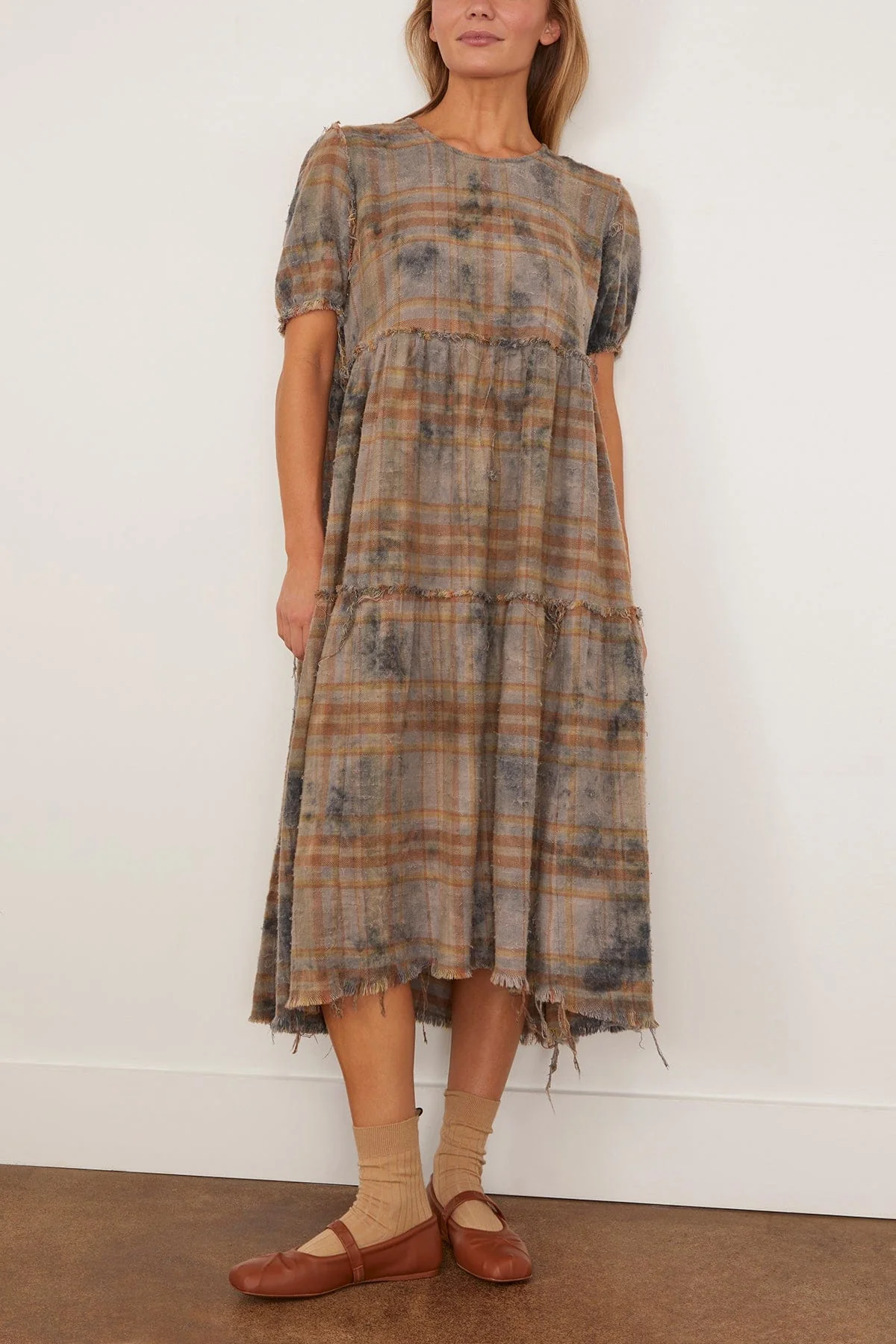 Shredded Relaxed Midi Dress in Overdyed Light Blue Plaid - Image 3