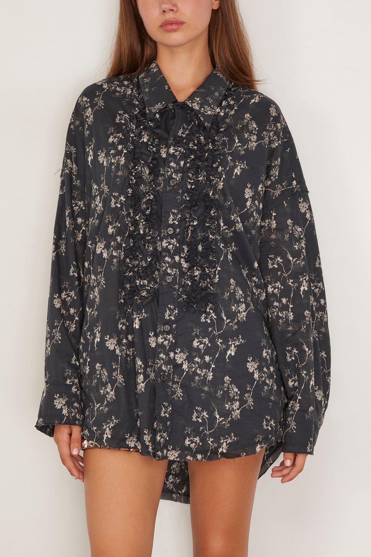 Shredded Seam Ruffle Shirt in Floral on Black - Image 3