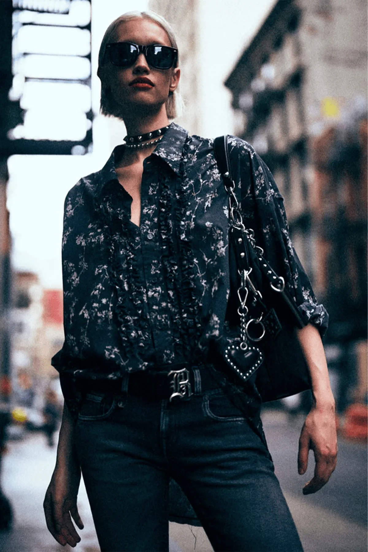 Shredded Seam Ruffle Shirt in Floral on Black - Image 5