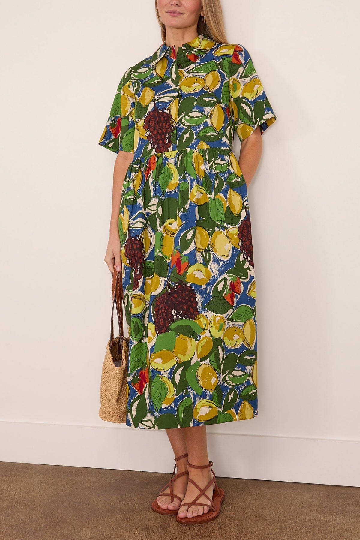Sketched Fruit Print Shirt Dress in Verdigris/Multi - Image 2