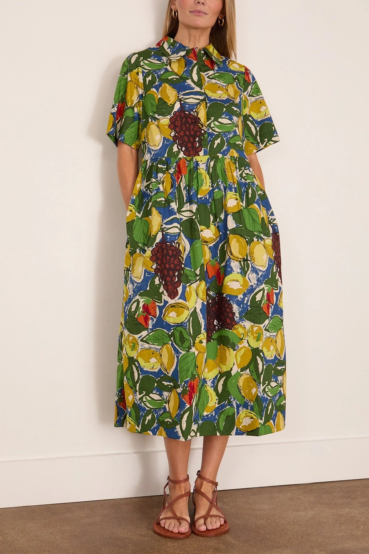 Sketched Fruit Print Shirt Dress in Verdigris/Multi - Image 3