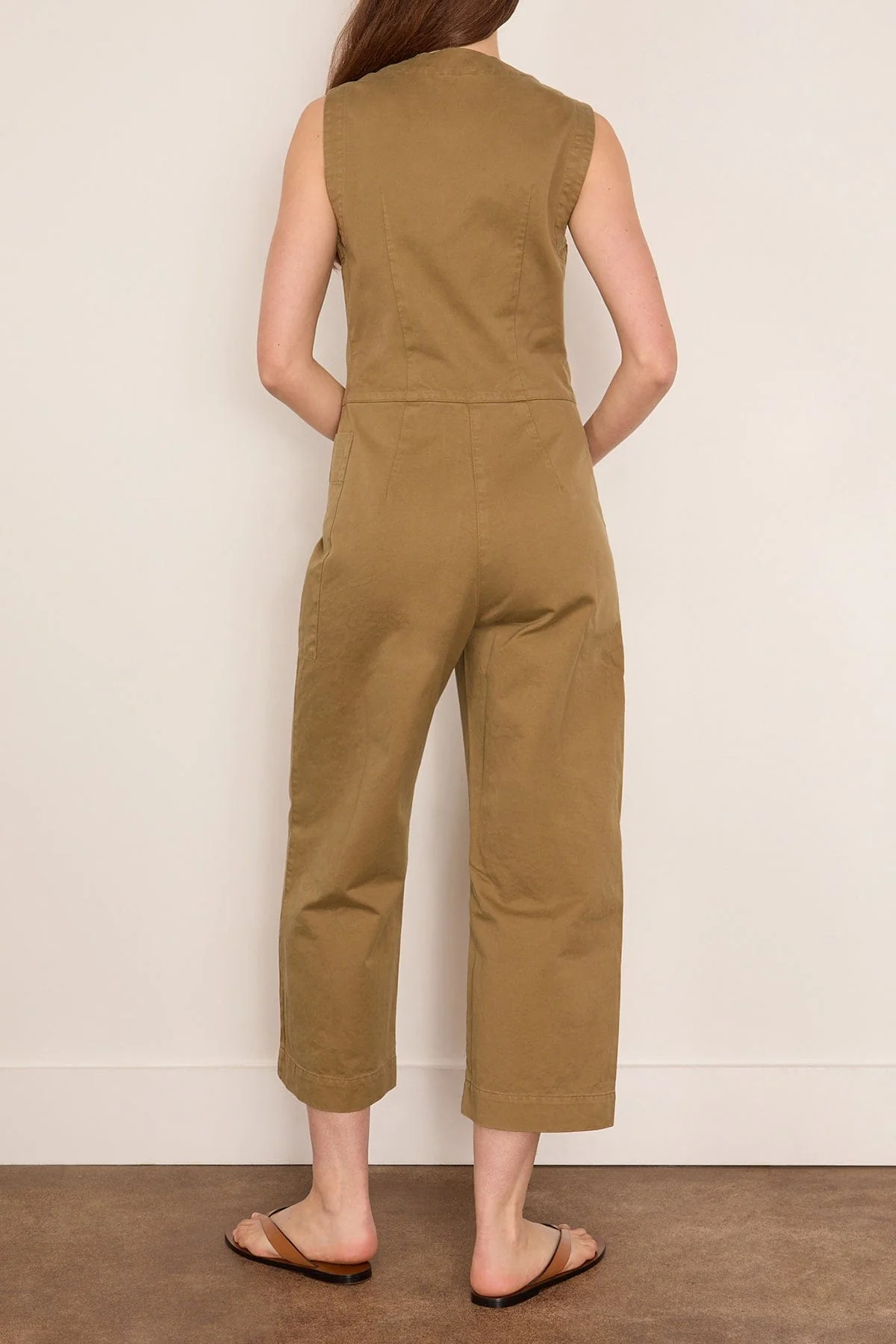 Sleeveless Cotton Twill Jumpsuit in Olive Leaf - Image 4