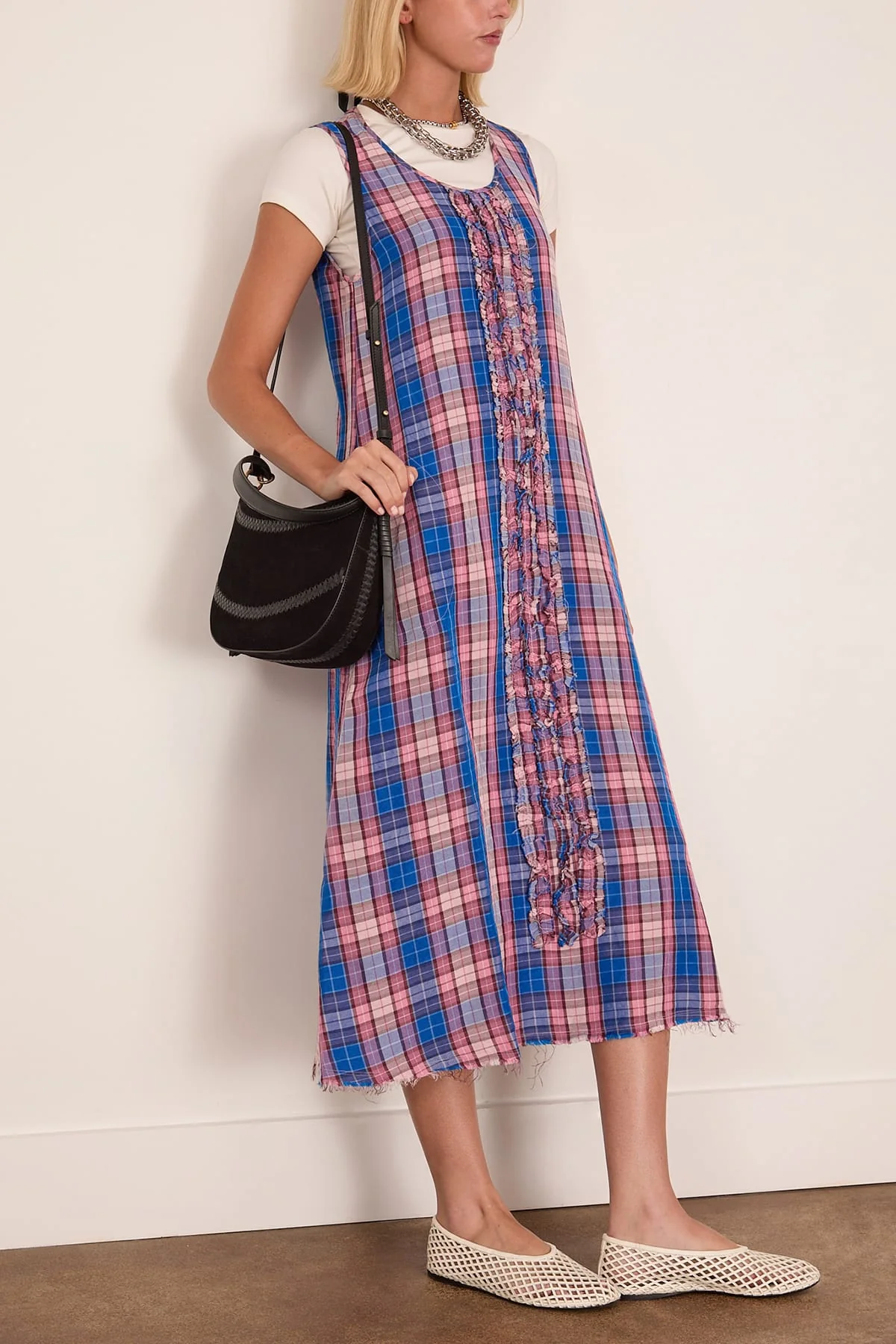 Sleeveless Midi Dress with Ruffles in Blue Pink Plaid - Image 2