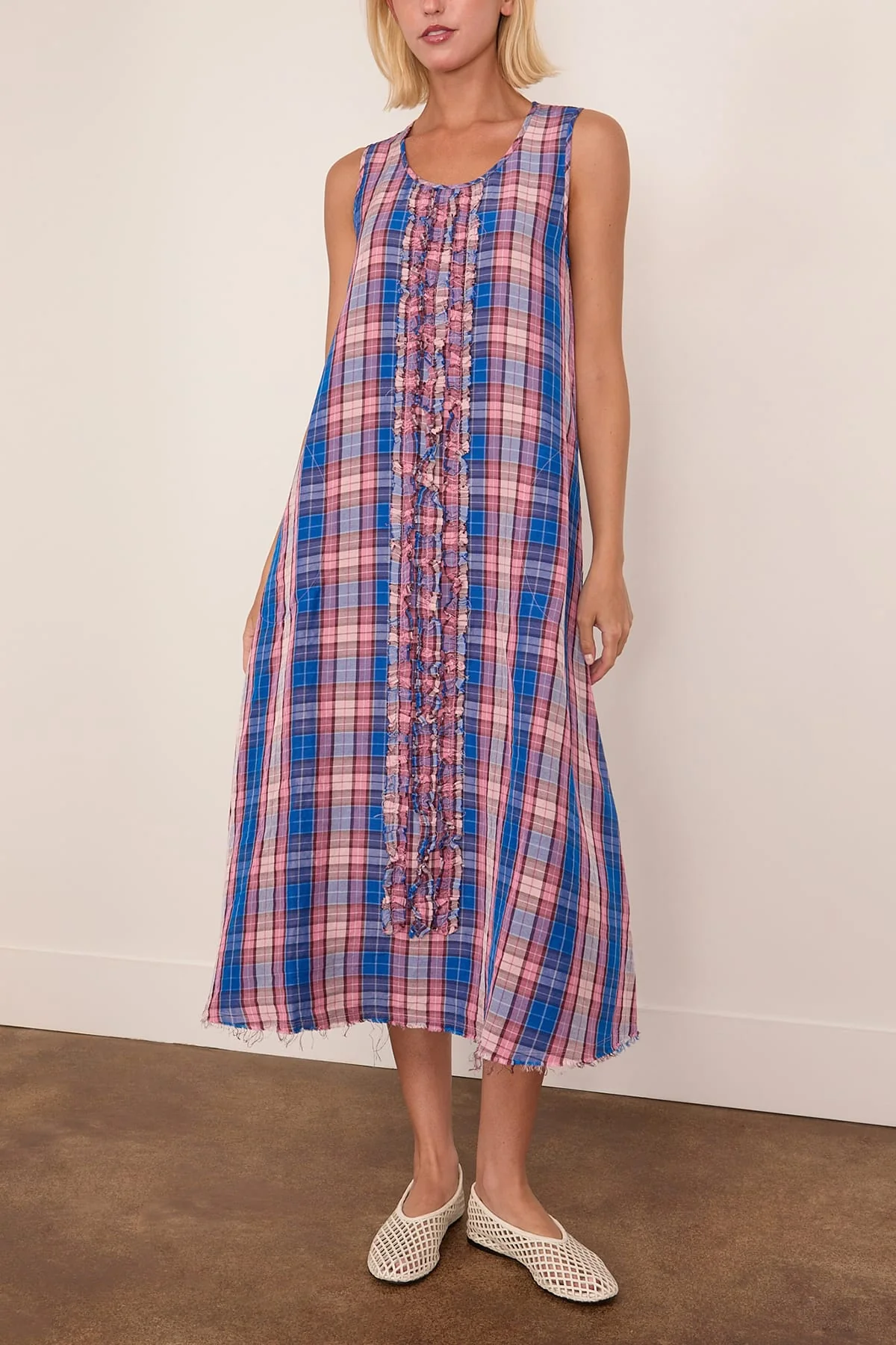 Sleeveless Midi Dress with Ruffles in Blue Pink Plaid - Image 3