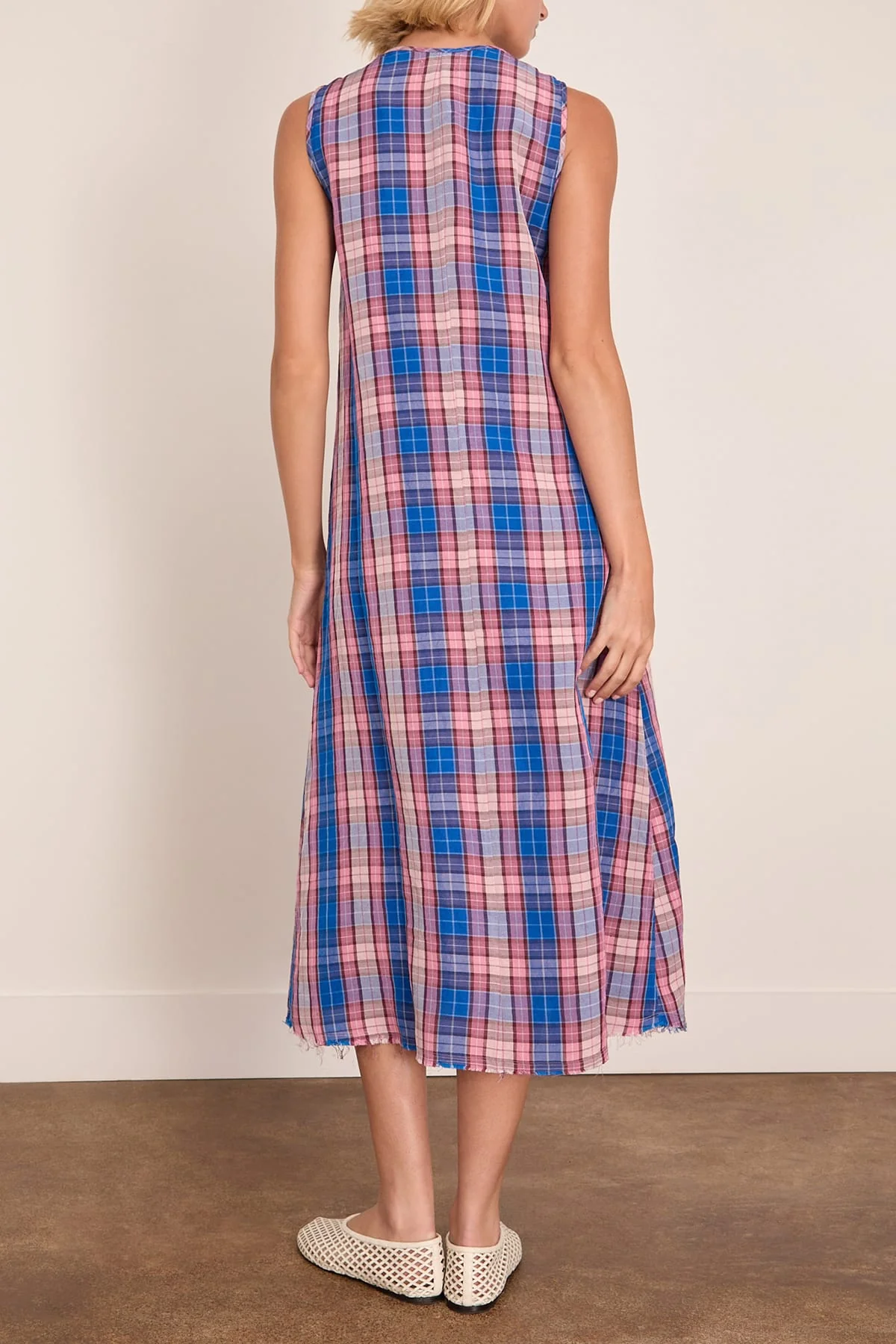 Sleeveless Midi Dress with Ruffles in Blue Pink Plaid - Image 4