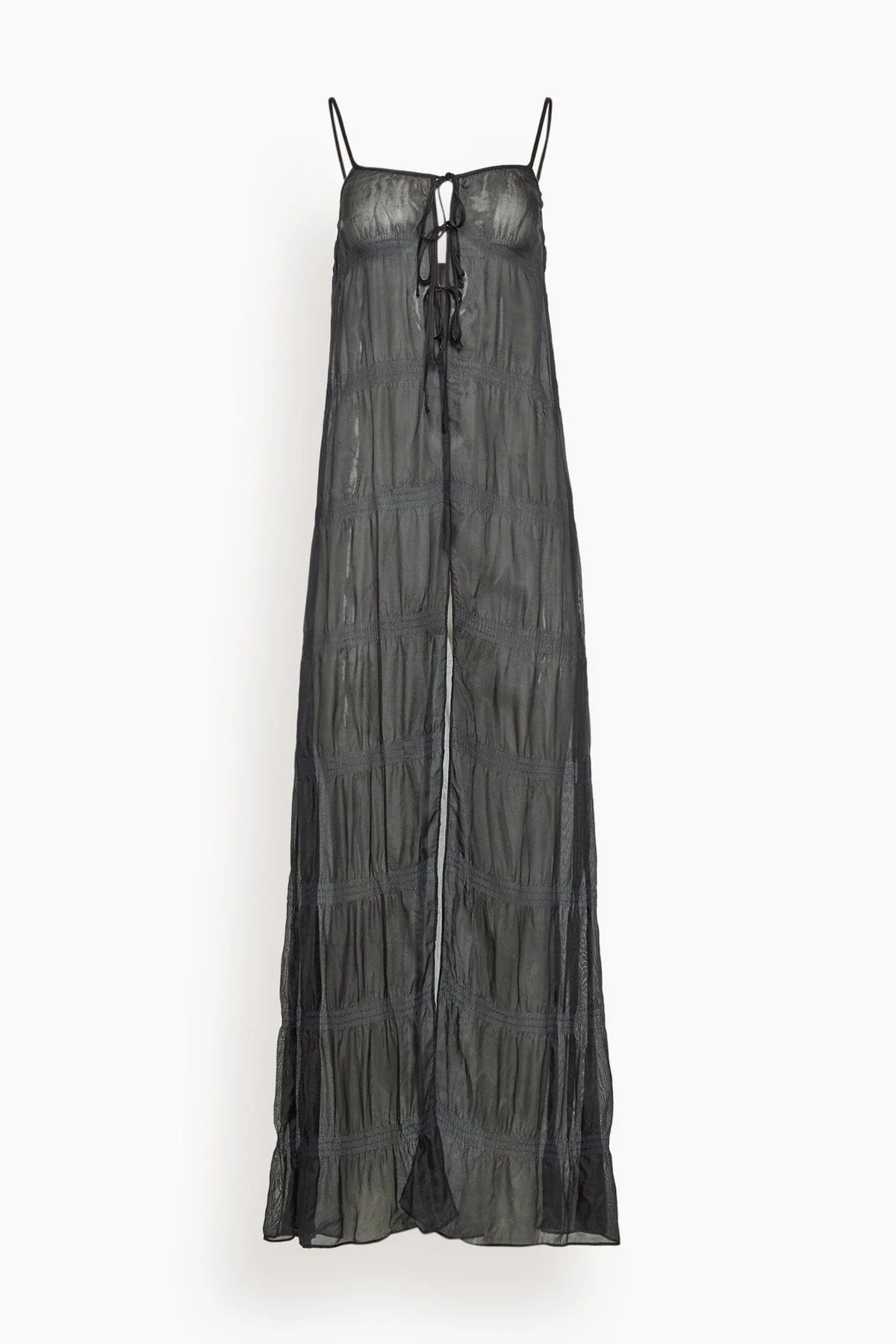 Smocked Silk Maxi Tie Gown in Black