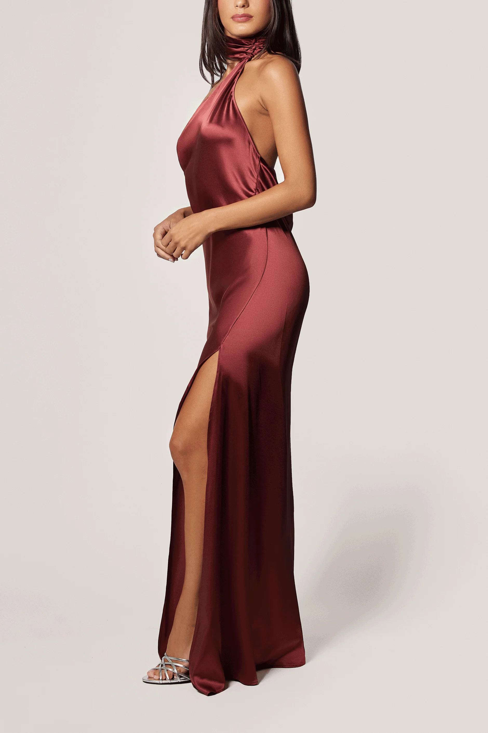 Soie Asymmetrical Halter Gown in Brick Dust - Image 3