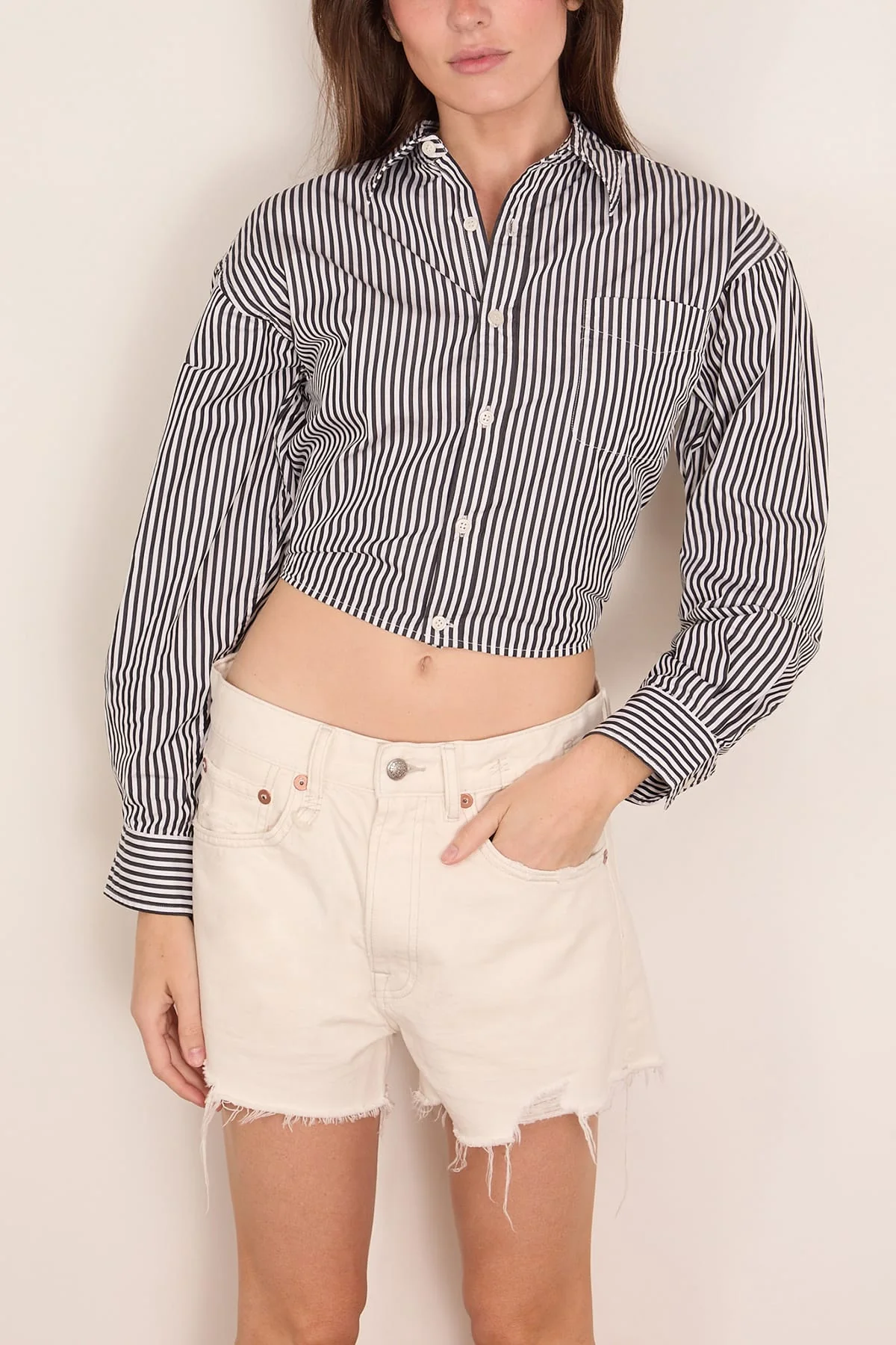 Split Hem Boyfriend Shirt in Black and White Stripe - Image 3