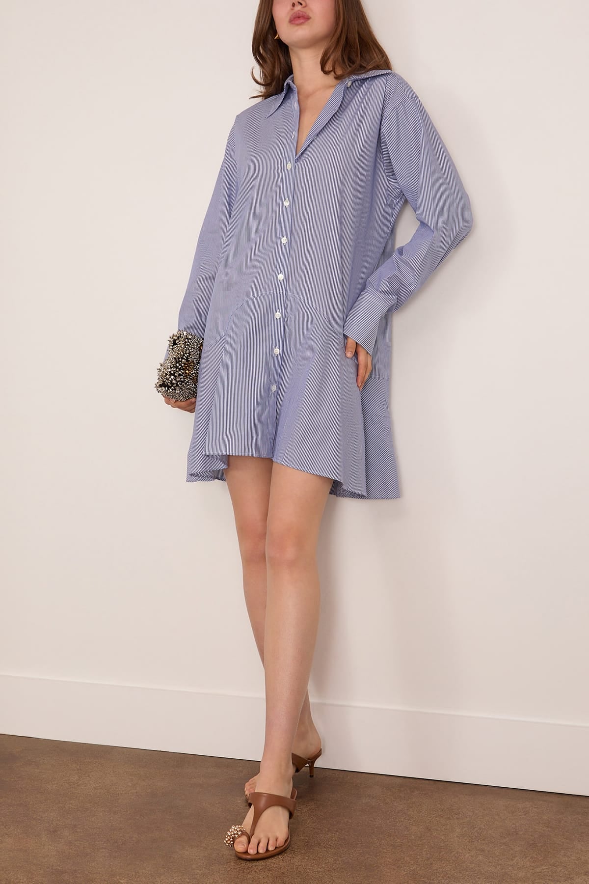 Striped Petal Bottom Shirt Dress in Blue Stripe - Image 2