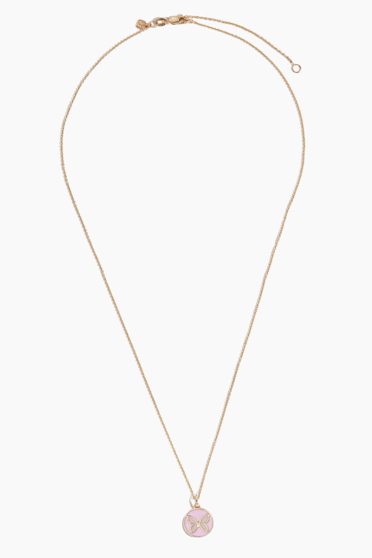 Tiny Blush Enamel Butterfly Medallion Necklace in Yellow Gold - Image 3