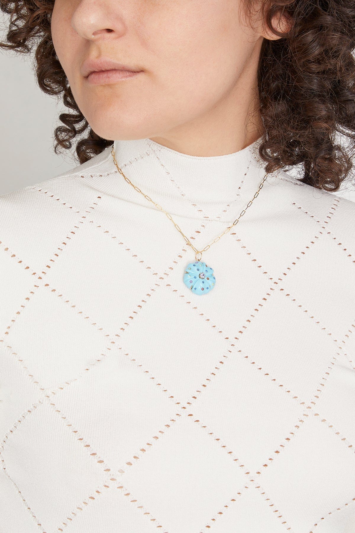 Turquoise Flower with Sapphire Sprinkles in 14k Yellow Gold - Image 2