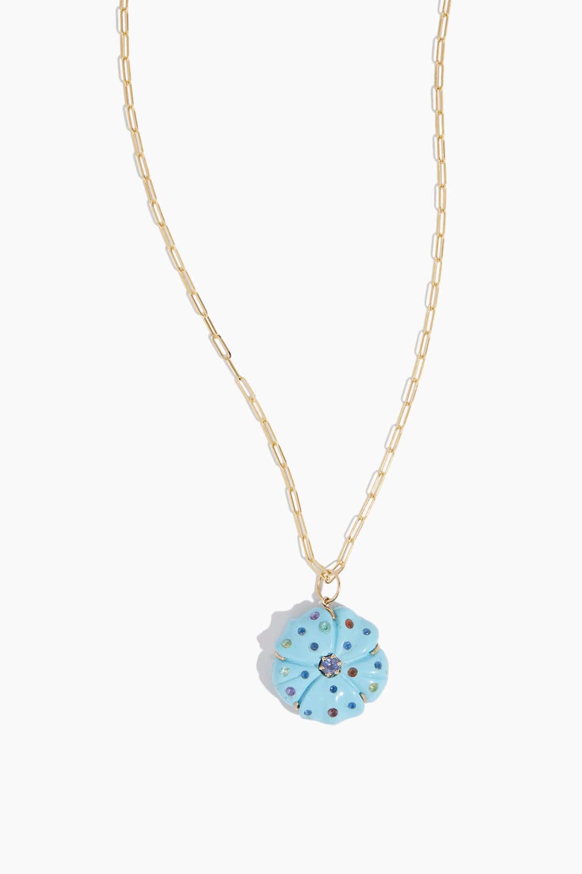 Turquoise Flower with Sapphire Sprinkles in 14k Yellow Gold - Image 3
