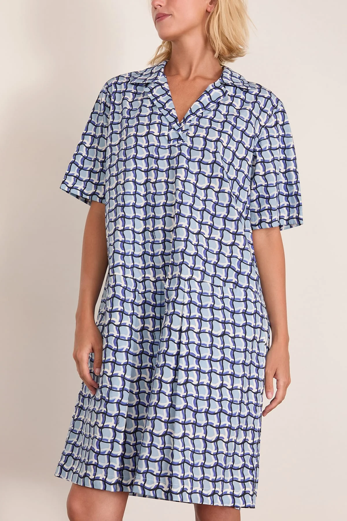 Twisted Check Organic Cotton Poplin Dress in Light Blue - Image 3