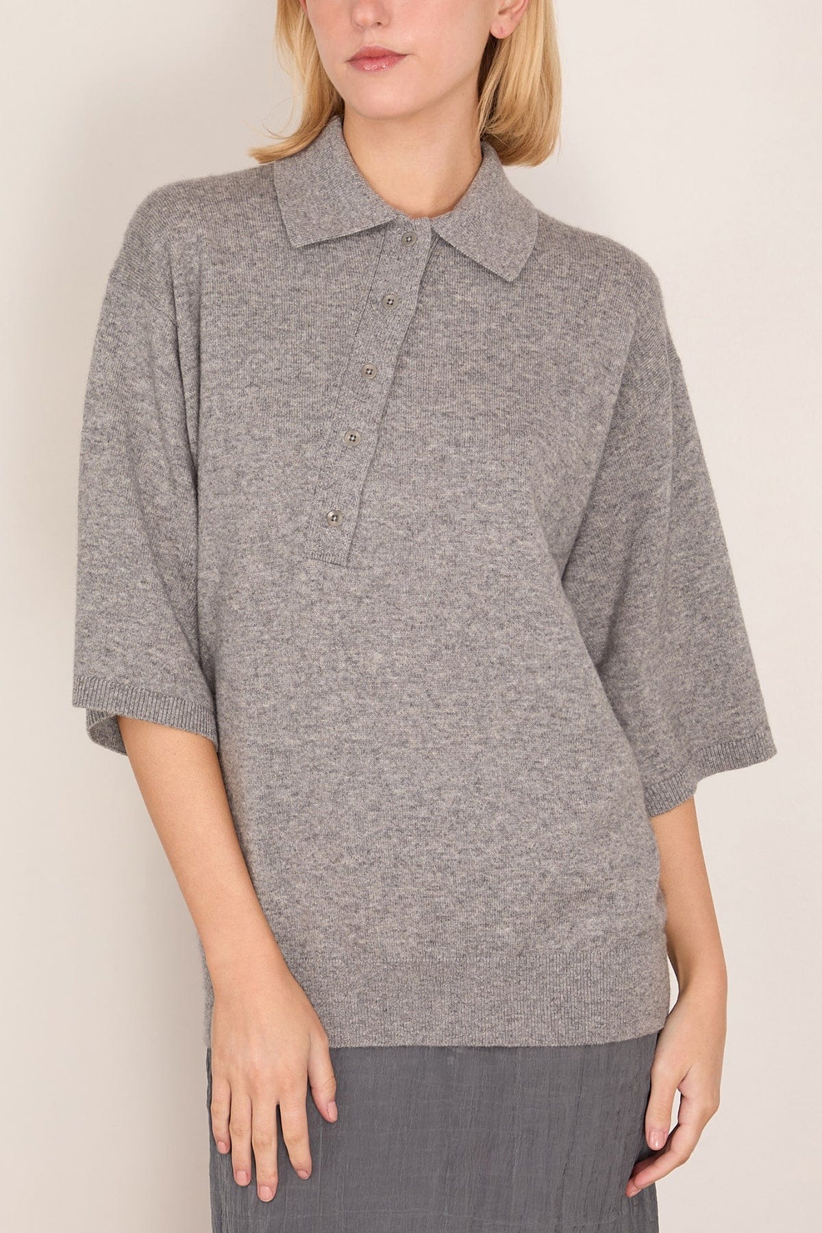 Washable Cashmere Oversized Polo in Heather Grey - Image 3