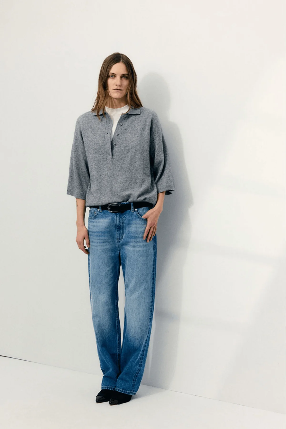 Washable Cashmere Oversized Polo in Heather Grey - Image 5