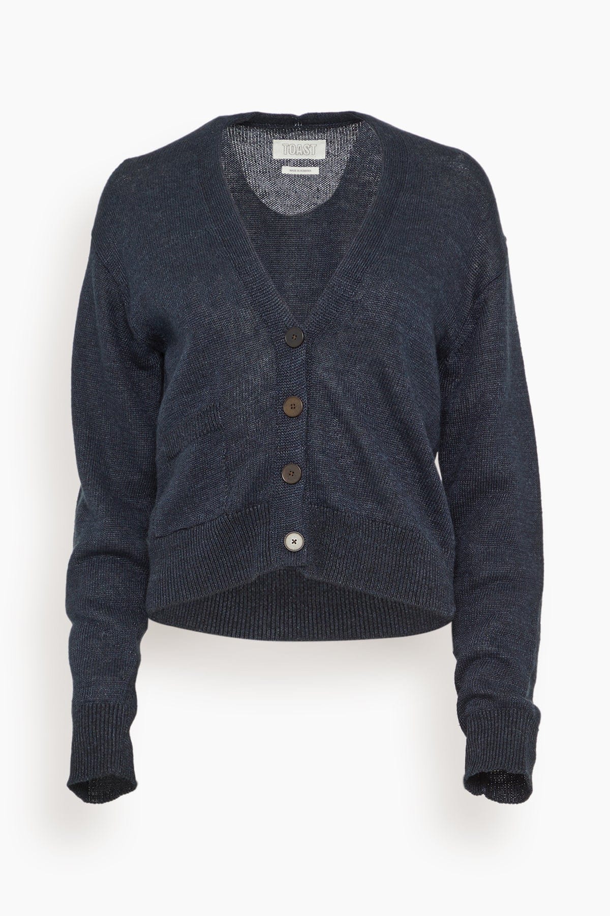 Wool Linen Patch Pocket Cardigan in Dark Navy