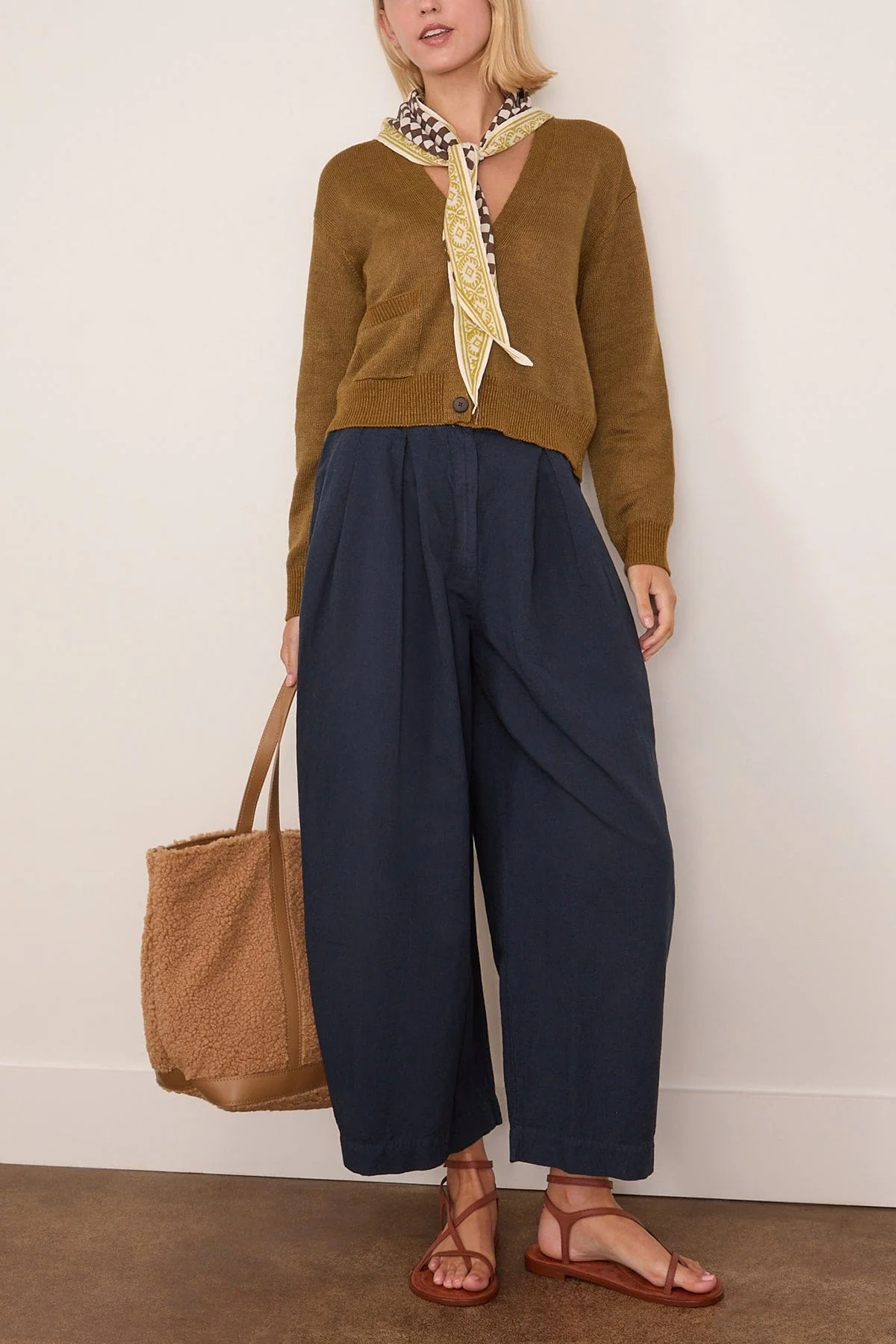 Wool Linen Patch Pocket Cardigan in Old Gold - Image 2