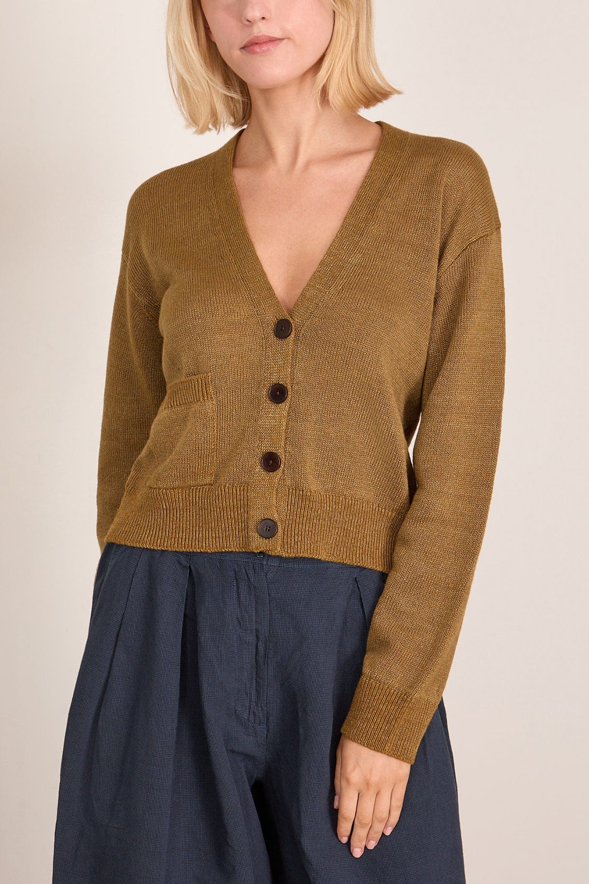 Wool Linen Patch Pocket Cardigan in Old Gold - Image 3